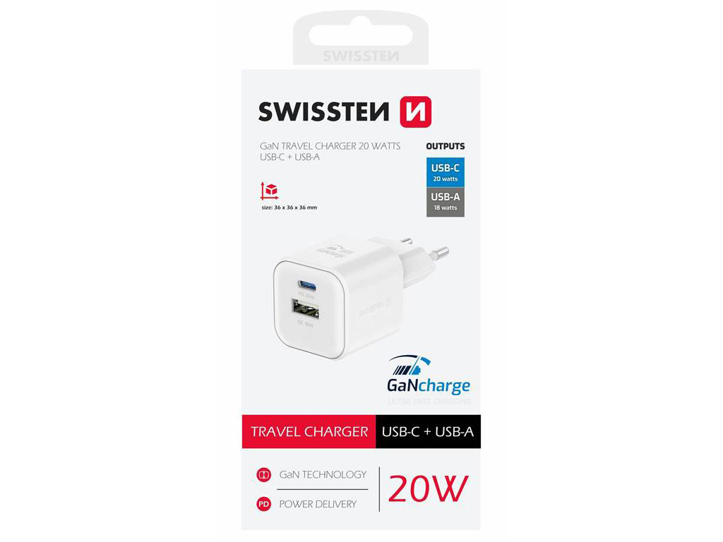 Nabíječka SWISSTEN Power Delivery USB-C + USB-A 20W bílá