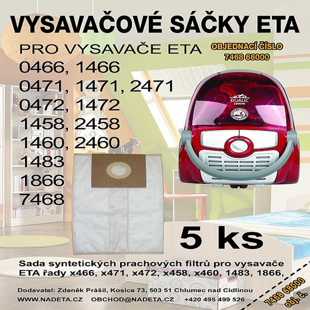 Sáčky a filtry syntetické 5ks vysavače Eta x458, x460, x466, x471, x472, 1483, 1866, 7468 ( ETA 7468 68000 )